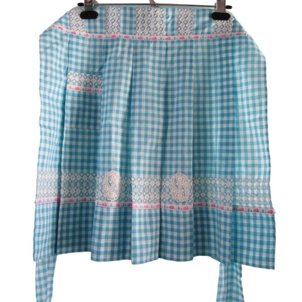 Blue Gingham Bunny Ribbon Trim Cross Stitch Accent Easter Apron Handcrafted GUC